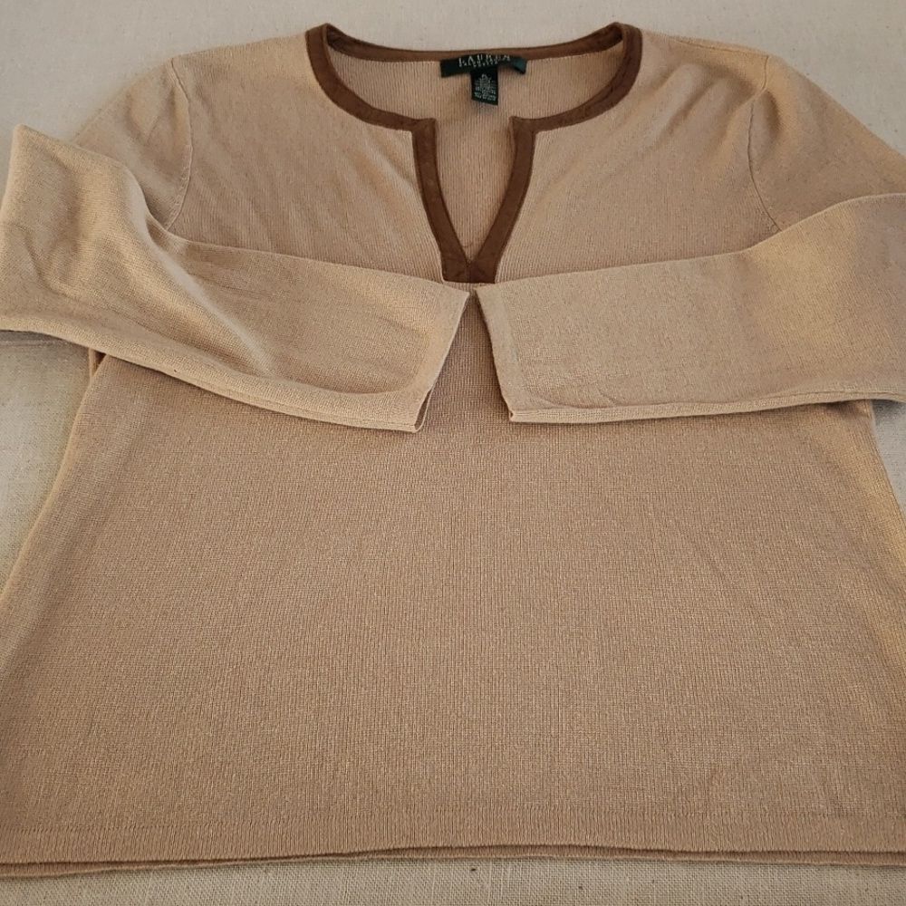 Y2K Ralph Lauren Sweater Womens PL Cotton Faux Suede V-Neck Top Western Casual